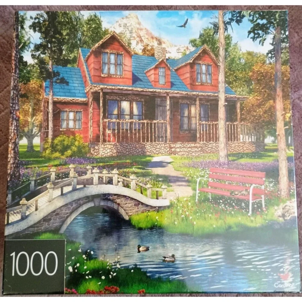 2 Cardinal 1000 Piece Jigsaw Puzzles Sealed Cabin Bridge & Grand Estate Garden